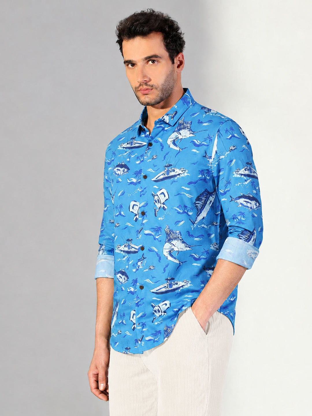 Men’s Printed Blue Slim Fit Long Sleeves Shirt with Spread Collar