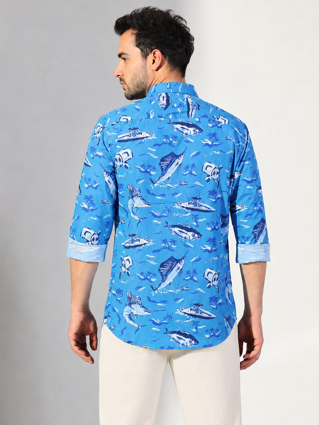 Men’s Printed Blue Slim Fit Long Sleeves Shirt with Spread Collar
