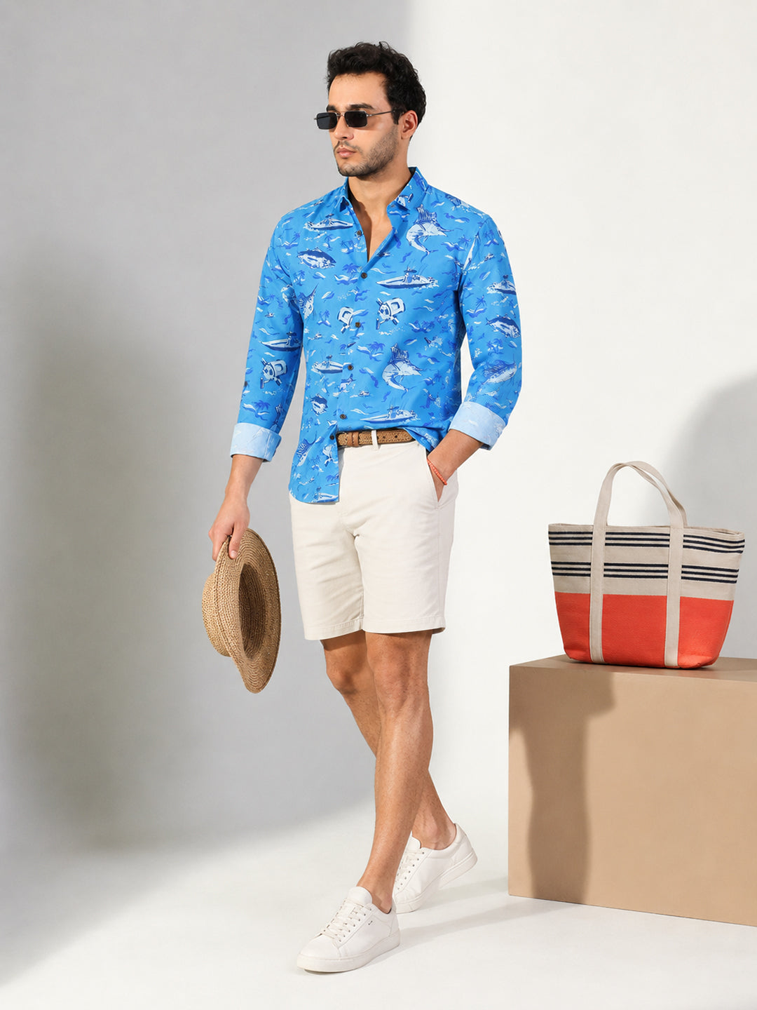Men’s Printed Blue Slim Fit Long Sleeves Shirt with Spread Collar