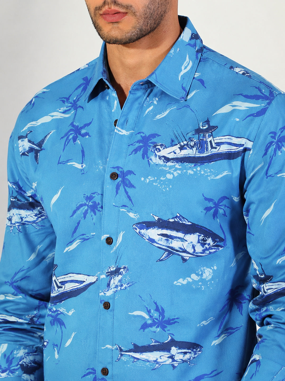 Men’s Printed Blue Slim Fit Long Sleeves Shirt with Spread Collar
