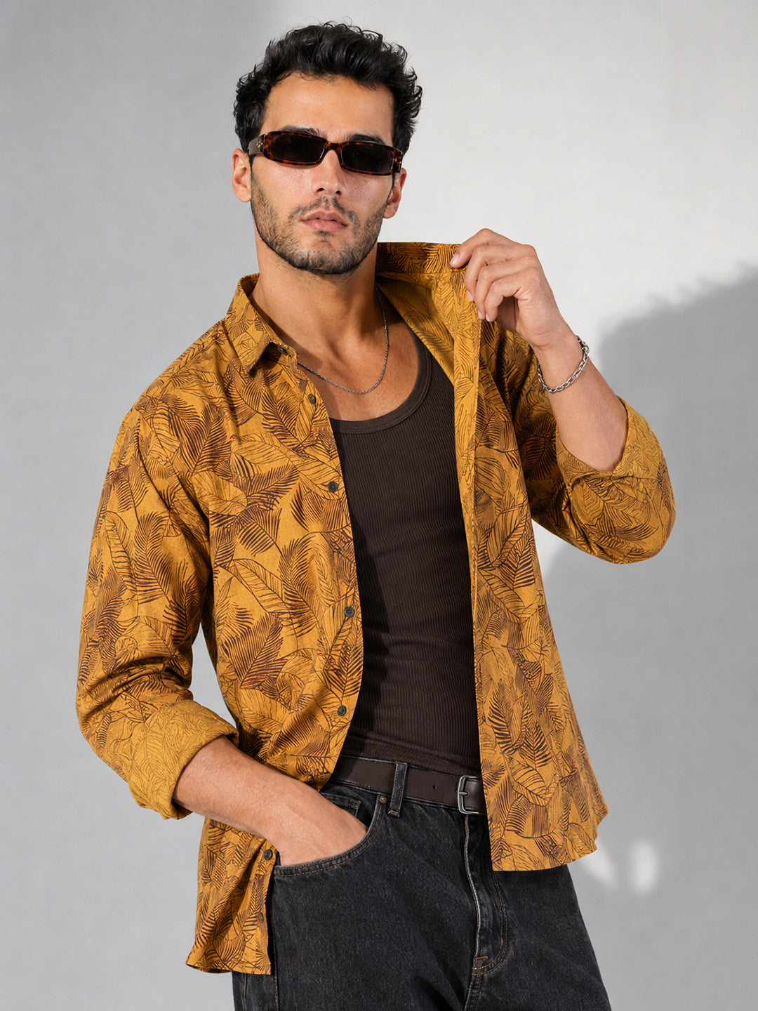 Men’s Tropical Leaf Printed Mustard Slim Fit Shirt with Spread Collar