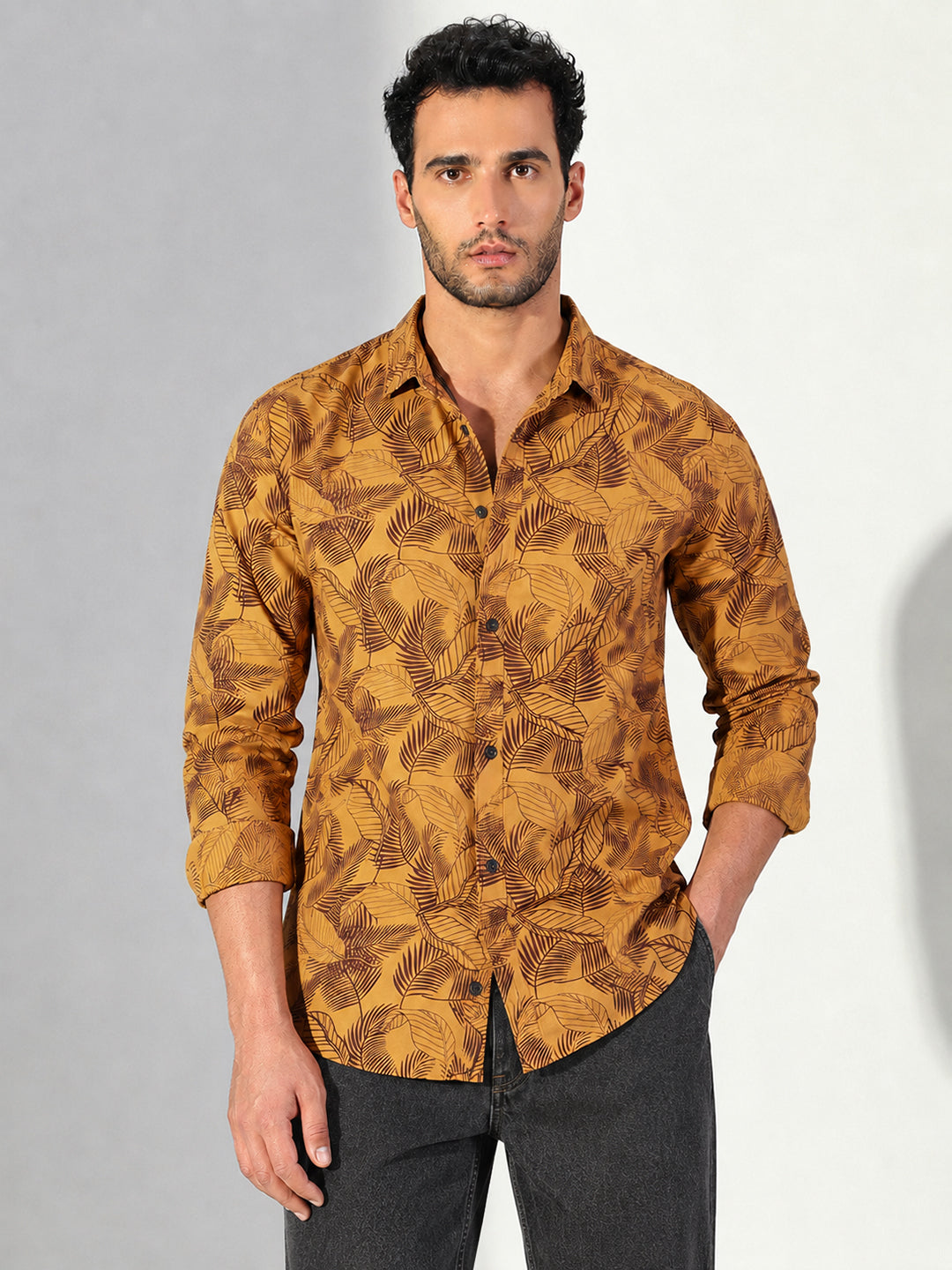Men’s Tropical Leaf Printed Mustard Slim Fit Shirt with Spread Collar