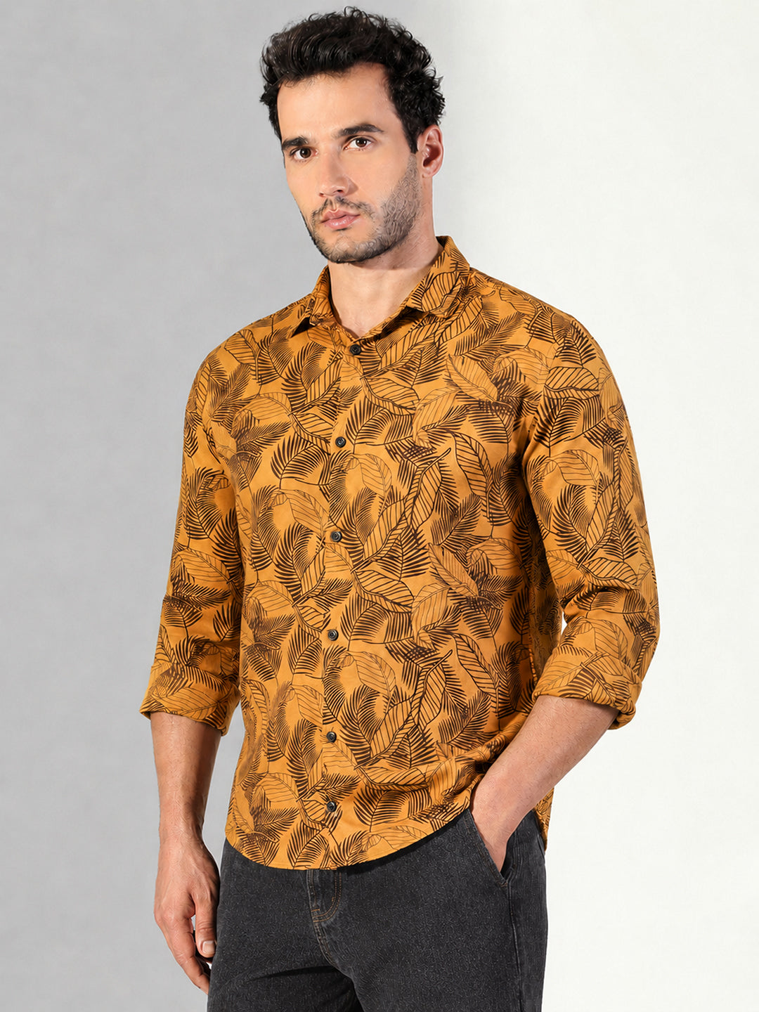Men’s Tropical Leaf Printed Mustard Slim Fit Shirt with Spread Collar