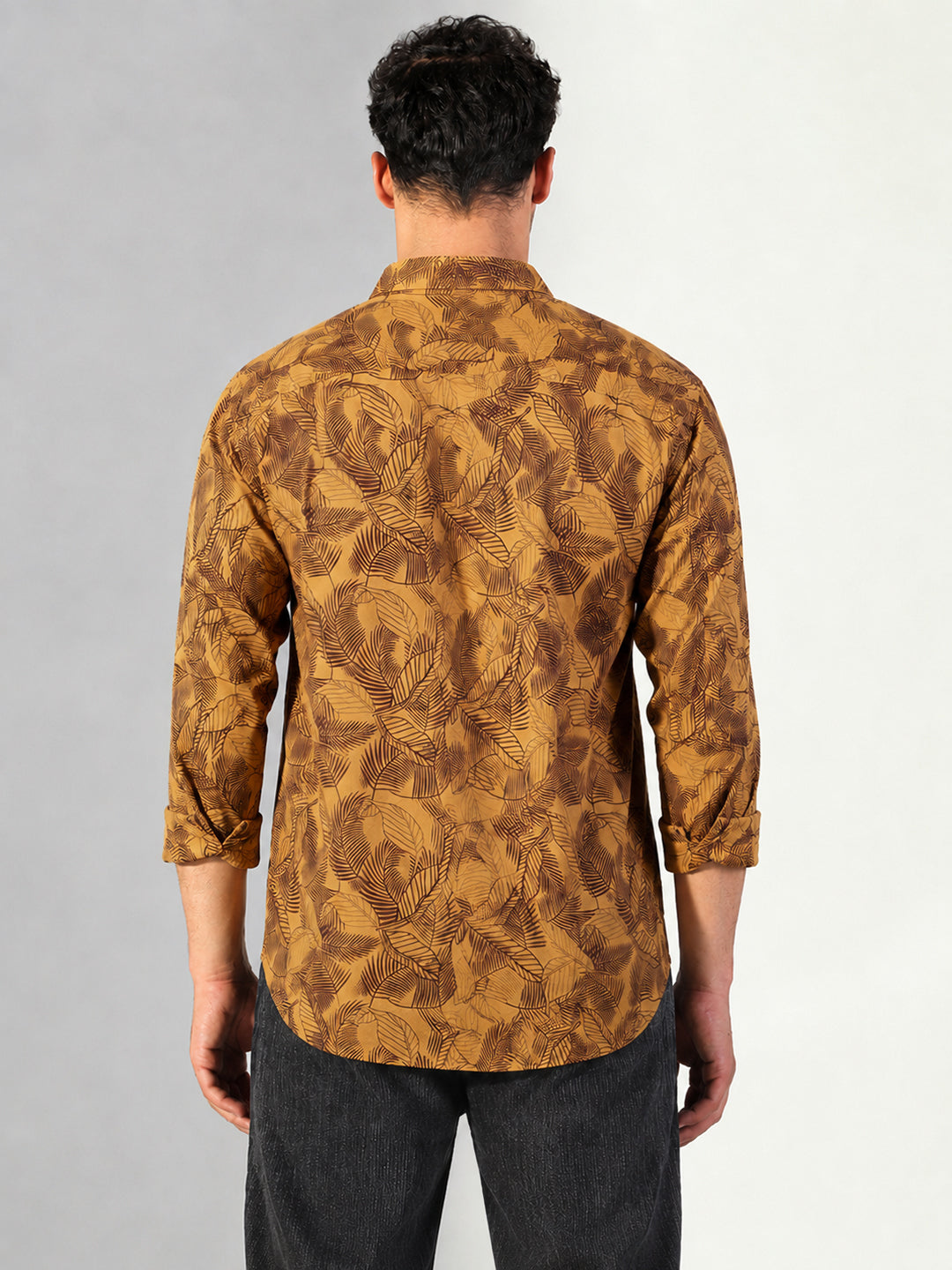 Men’s Tropical Leaf Printed Mustard Slim Fit Shirt with Spread Collar
