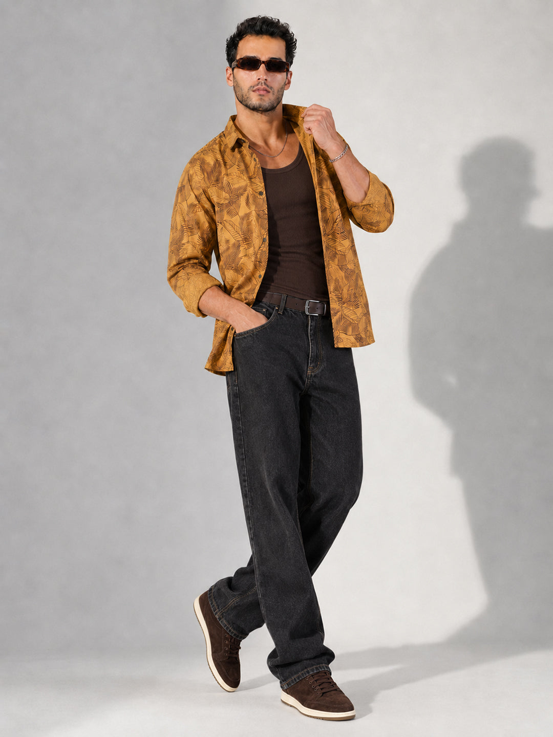 Men’s Tropical Leaf Printed Mustard Slim Fit Shirt with Spread Collar