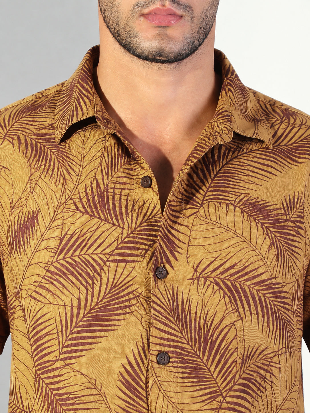 Men’s Tropical Leaf Printed Mustard Slim Fit Shirt with Spread Collar