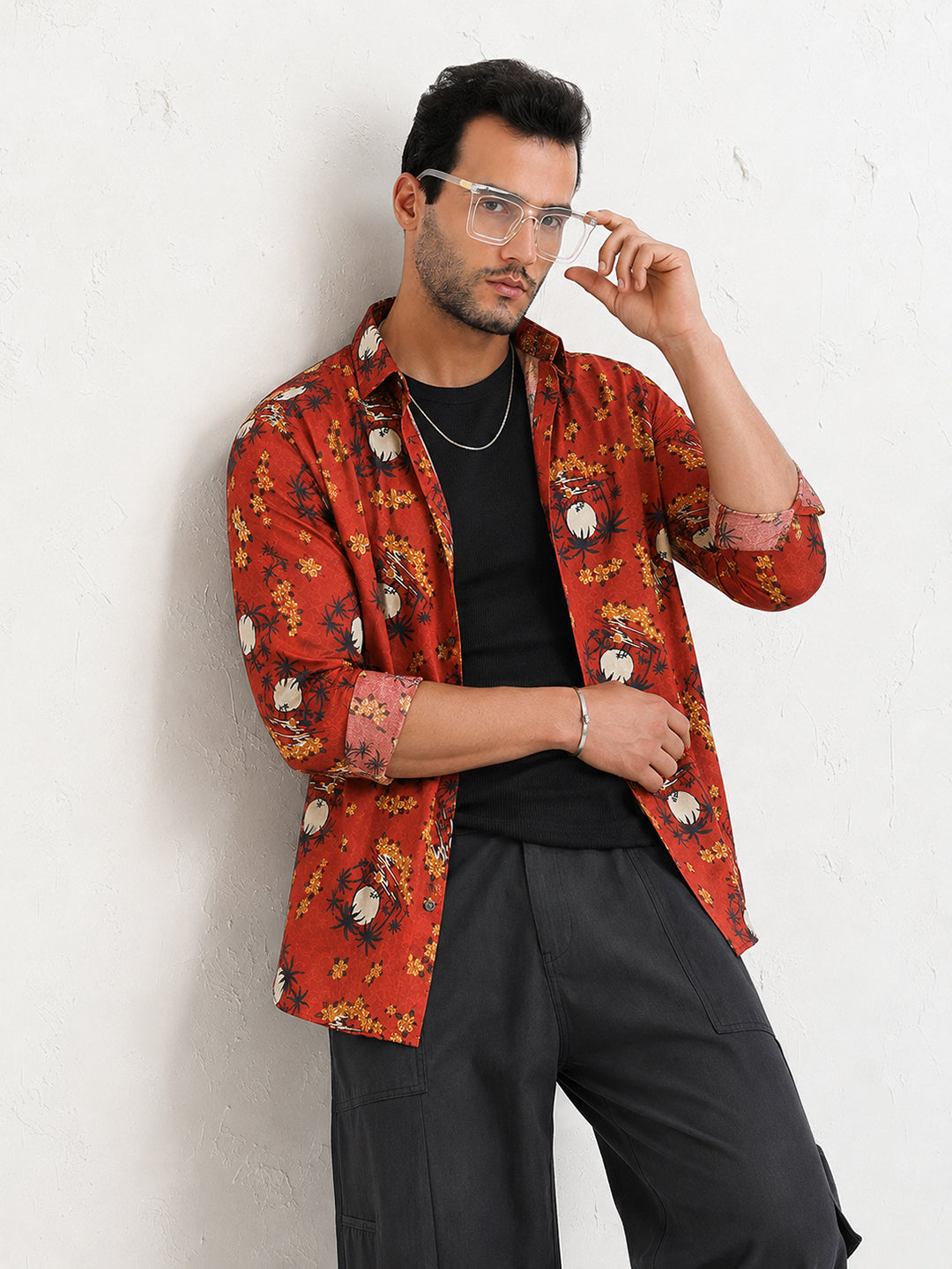 Men's Tropical Printed Orange Long Sleeves Slim Fit Shirt