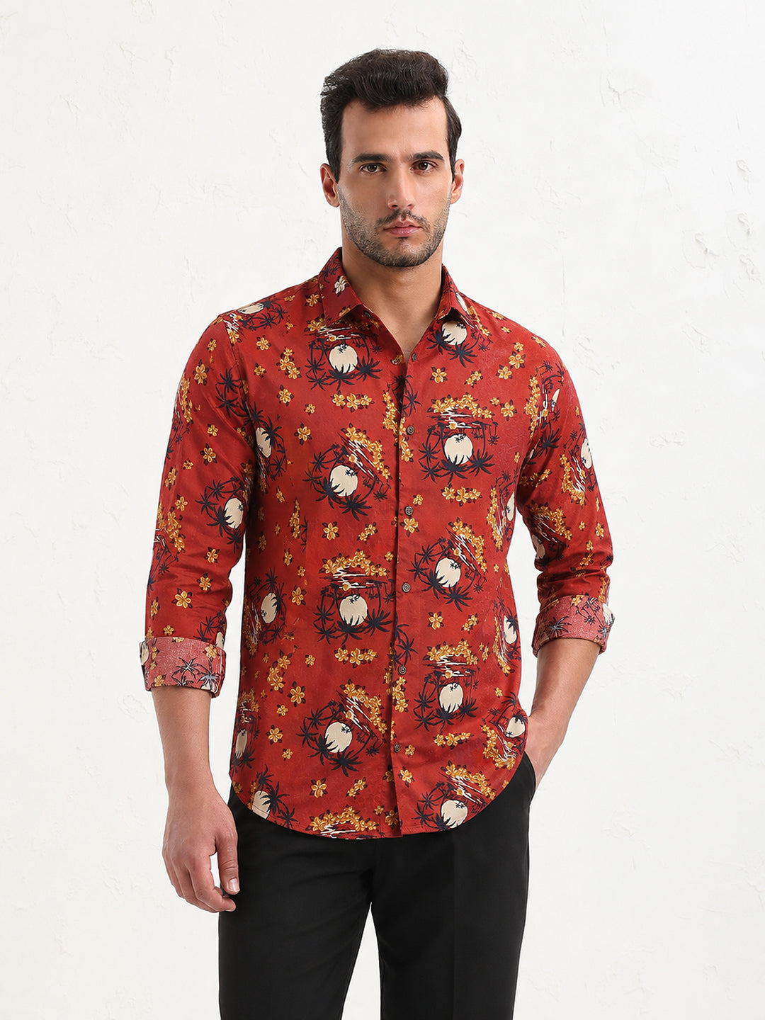 Men's Tropical Printed Orange Long Sleeves Slim Fit Shirt