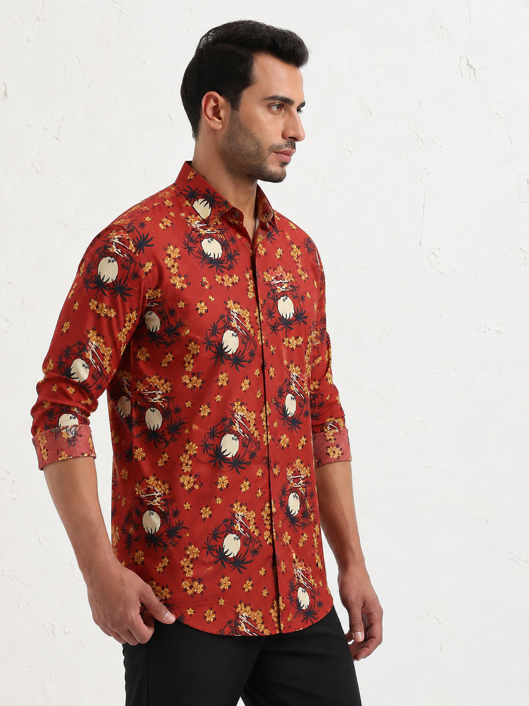 Men's Tropical Printed Orange Long Sleeves Slim Fit Shirt