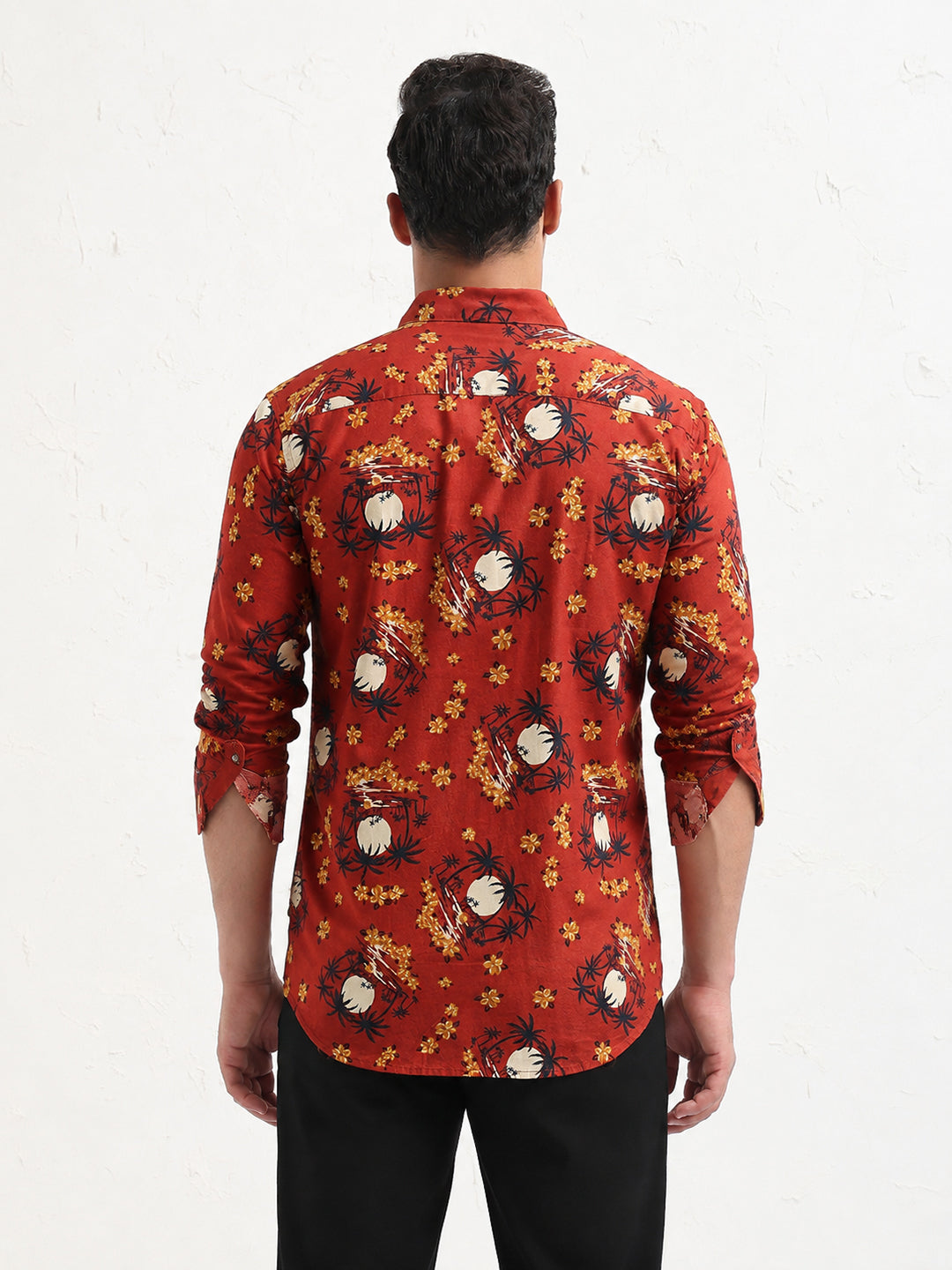 Men's Tropical Printed Orange Long Sleeves Slim Fit Shirt