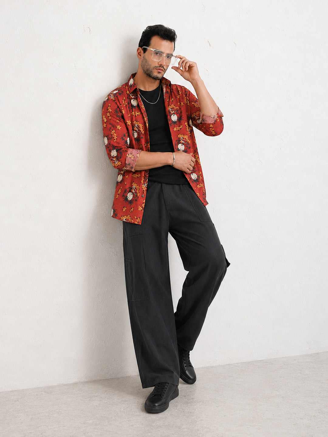 Men's Tropical Printed Orange Long Sleeves Slim Fit Shirt