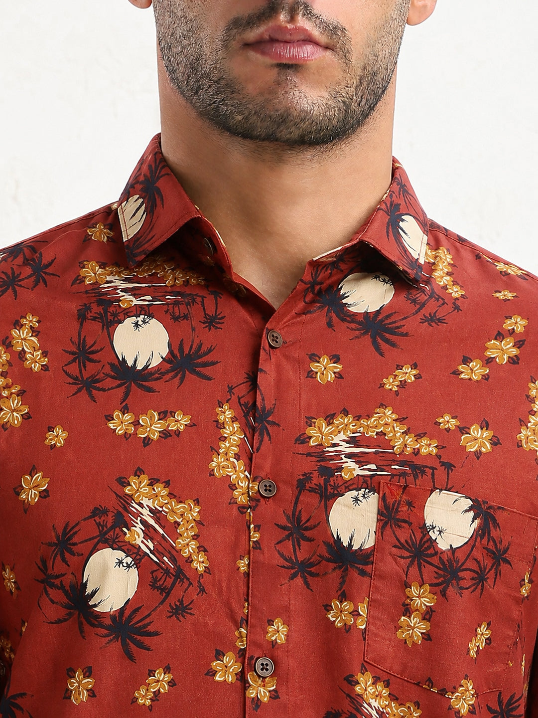 Men's Tropical Printed Orange Long Sleeves Slim Fit Shirt