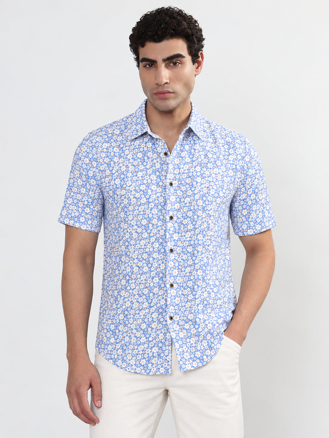 Men’s Floral Printed Blue Slim Fit Short Sleeve Shirt