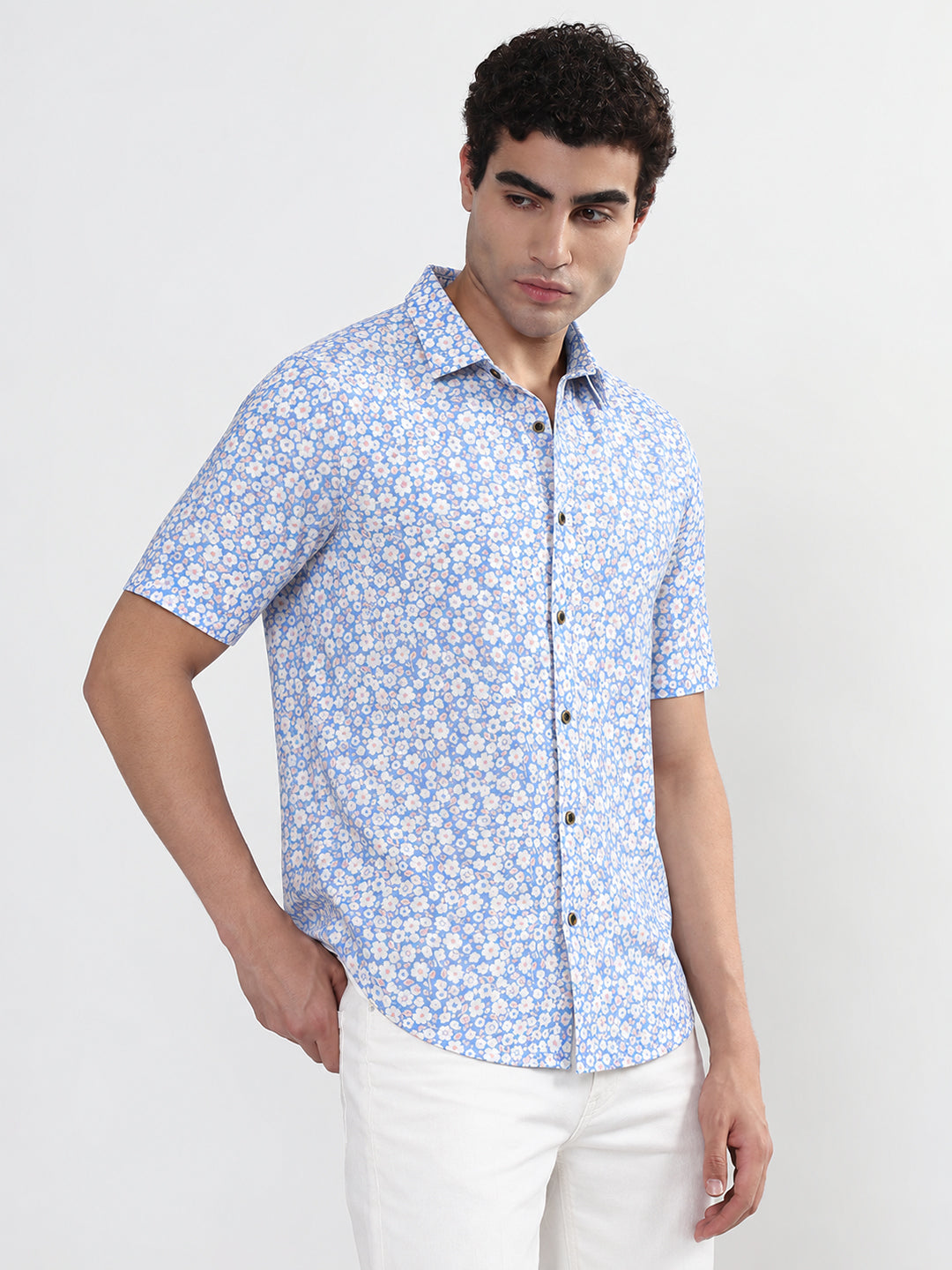 Men’s Floral Printed Blue Slim Fit Short Sleeve Shirt