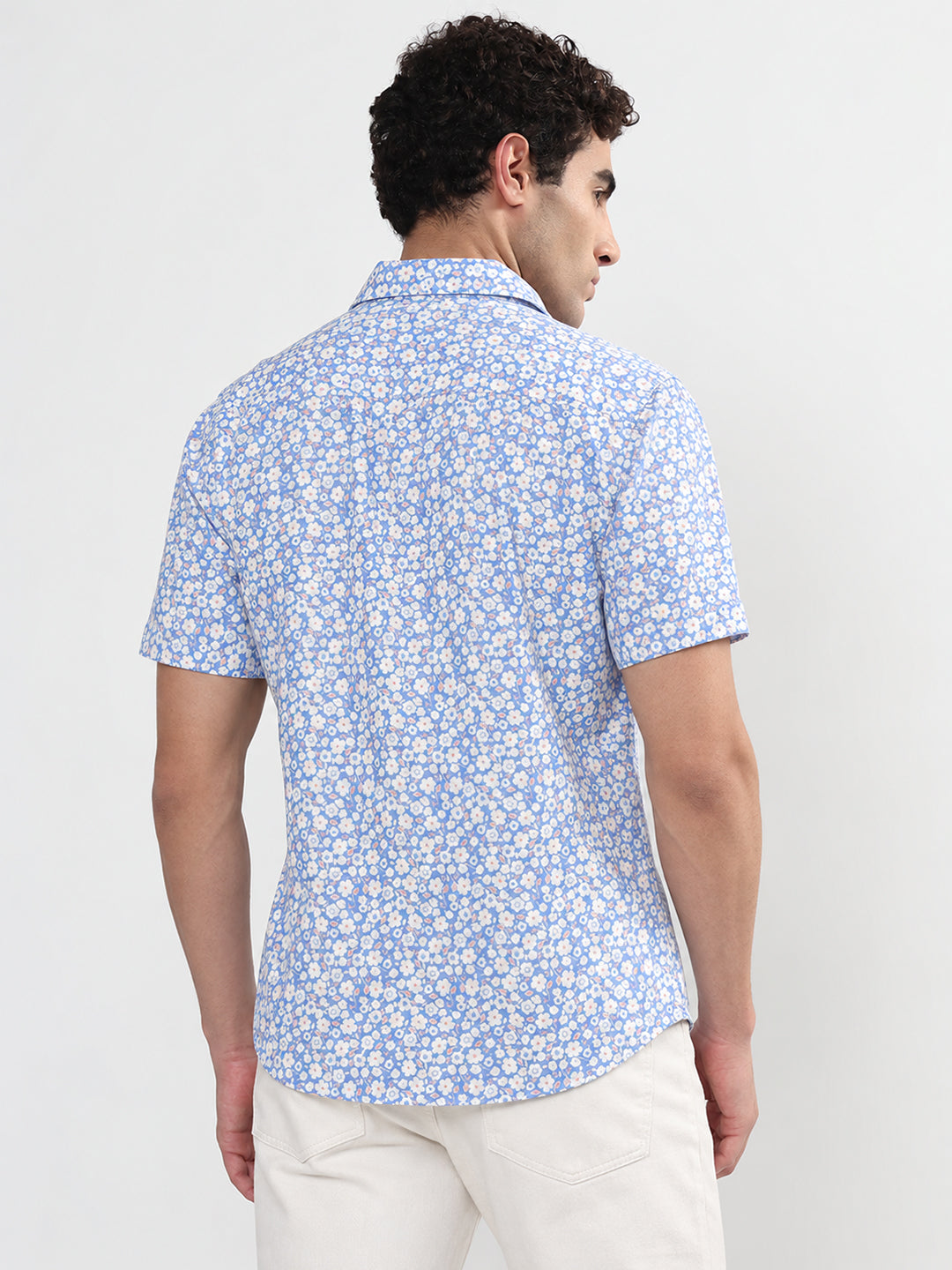 Men’s Floral Printed Blue Slim Fit Short Sleeve Shirt
