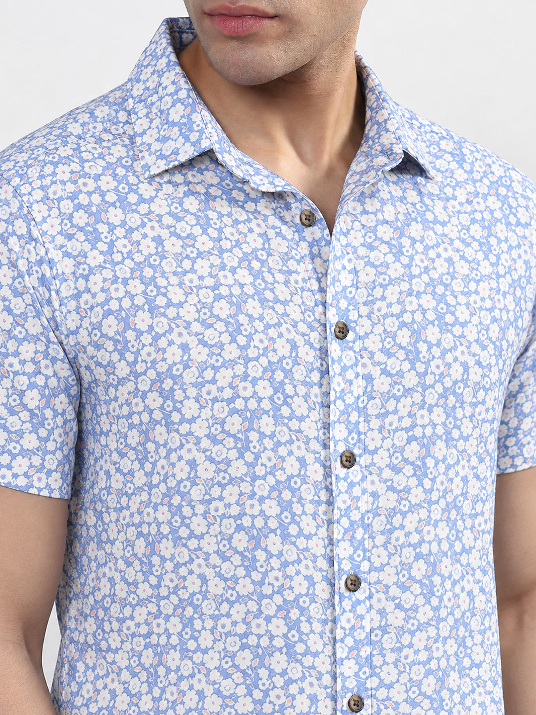 Men’s Floral Printed Blue Slim Fit Short Sleeve Shirt