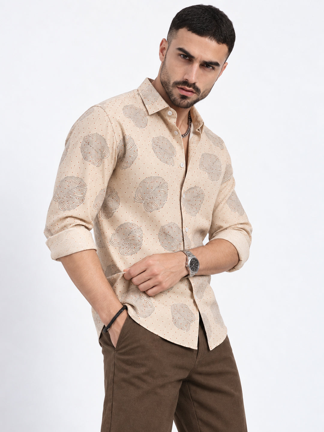 Men’s Tropical Printed Beige Slim Fit Long Sleeves Shirt