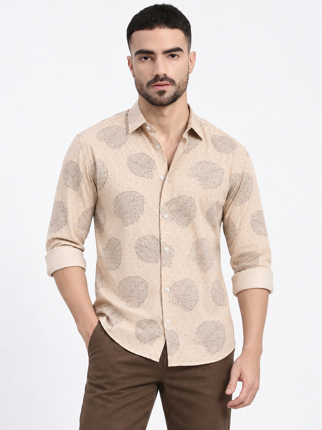 Men’s Tropical Printed Beige Slim Fit Long Sleeves Shirt