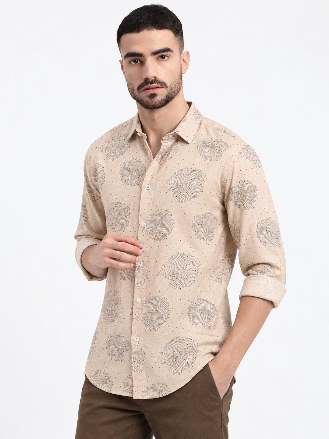 Men’s Tropical Printed Beige Slim Fit Long Sleeves Shirt