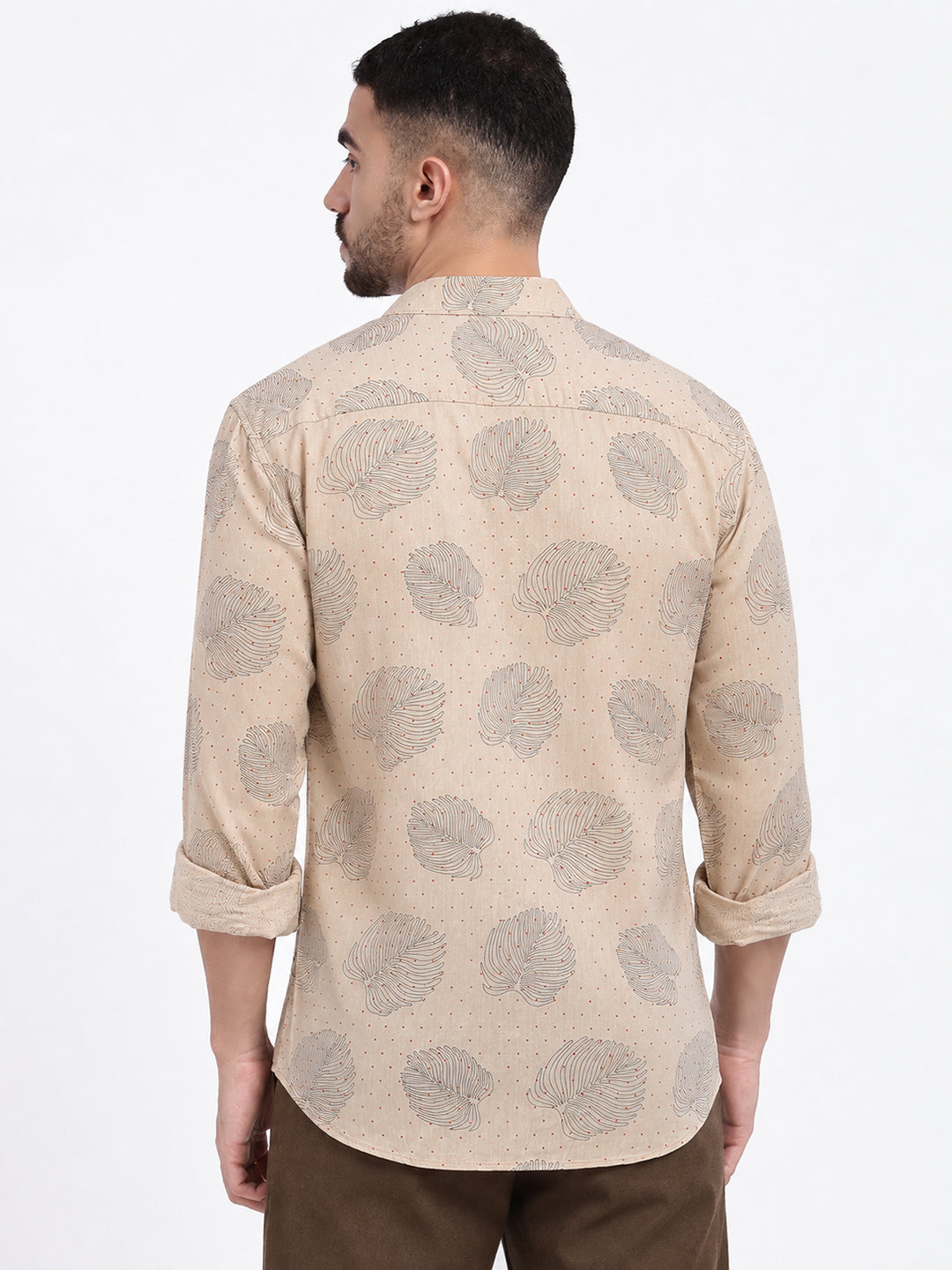 Men’s Tropical Printed Beige Slim Fit Long Sleeves Shirt