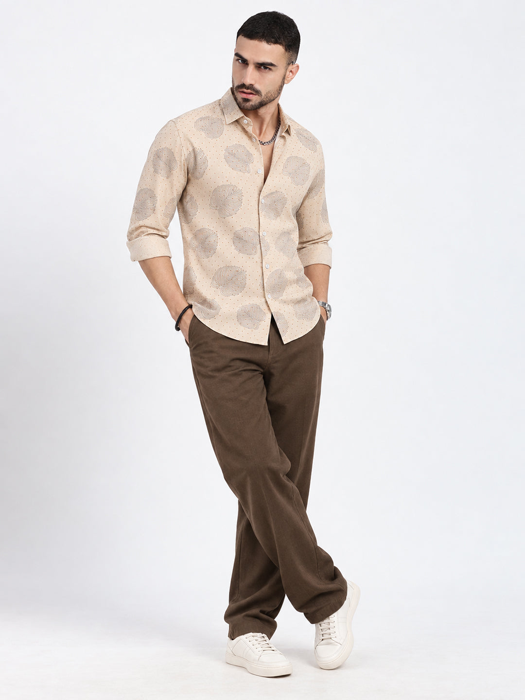 Men’s Tropical Printed Beige Slim Fit Long Sleeves Shirt