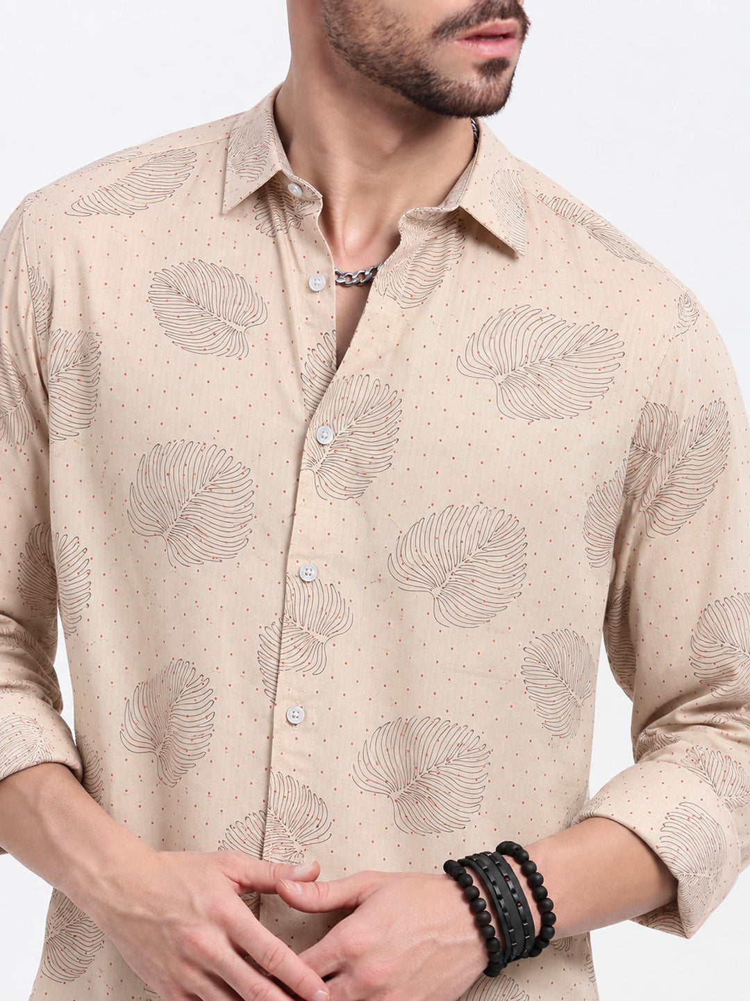Men’s Tropical Printed Beige Slim Fit Long Sleeves Shirt