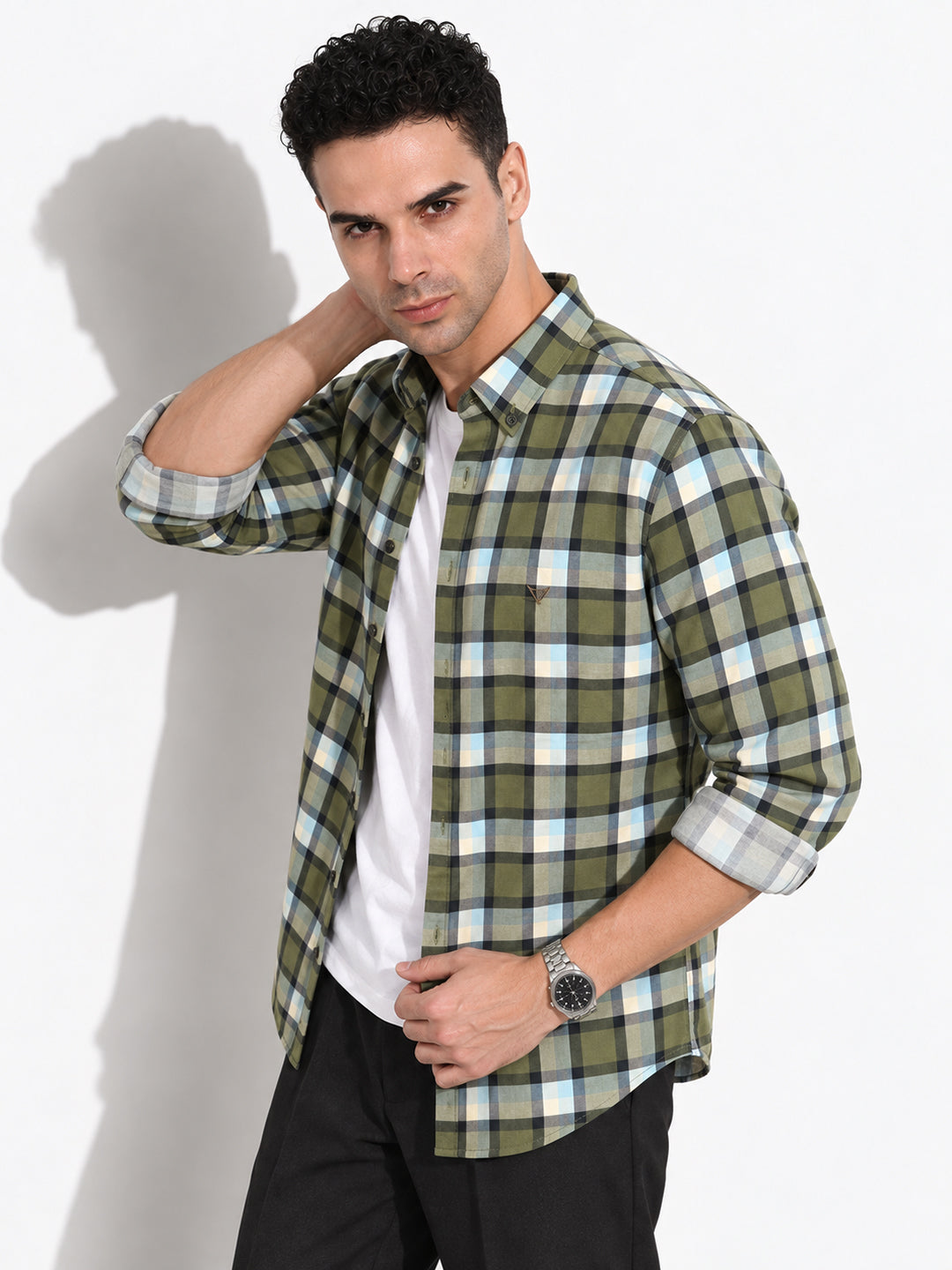 Men’s Checked Olive Slim Fit Spread Collar Long Sleeves Casual Shirt