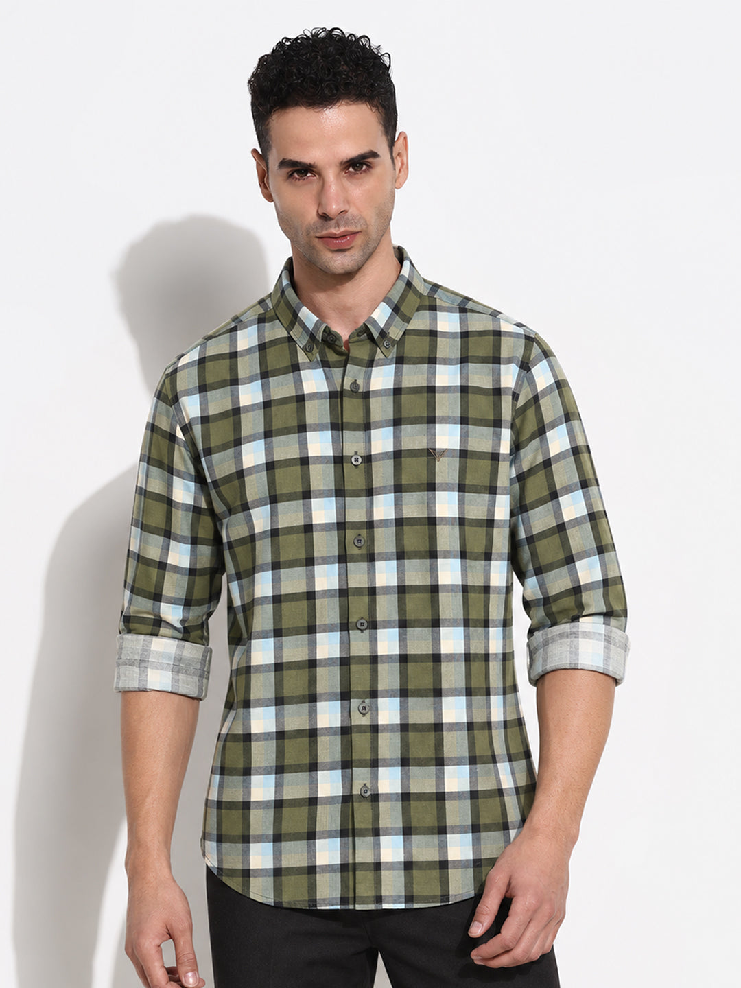 Men’s Checked Olive Slim Fit Spread Collar Long Sleeves Casual Shirt