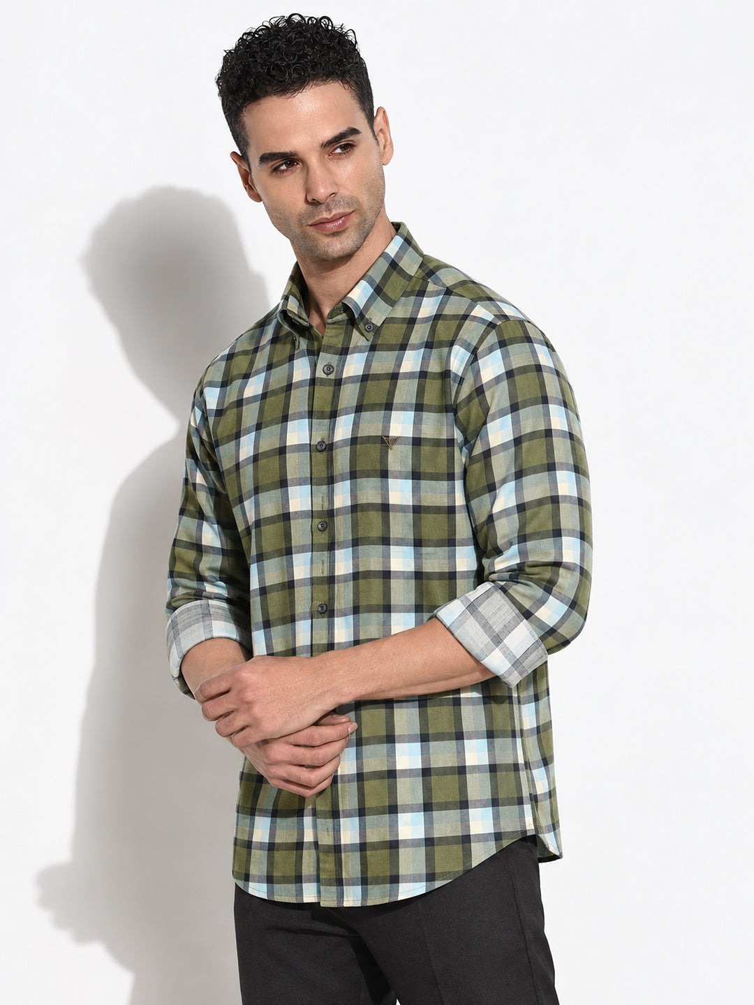Men’s Checked Olive Slim Fit Spread Collar Long Sleeves Casual Shirt