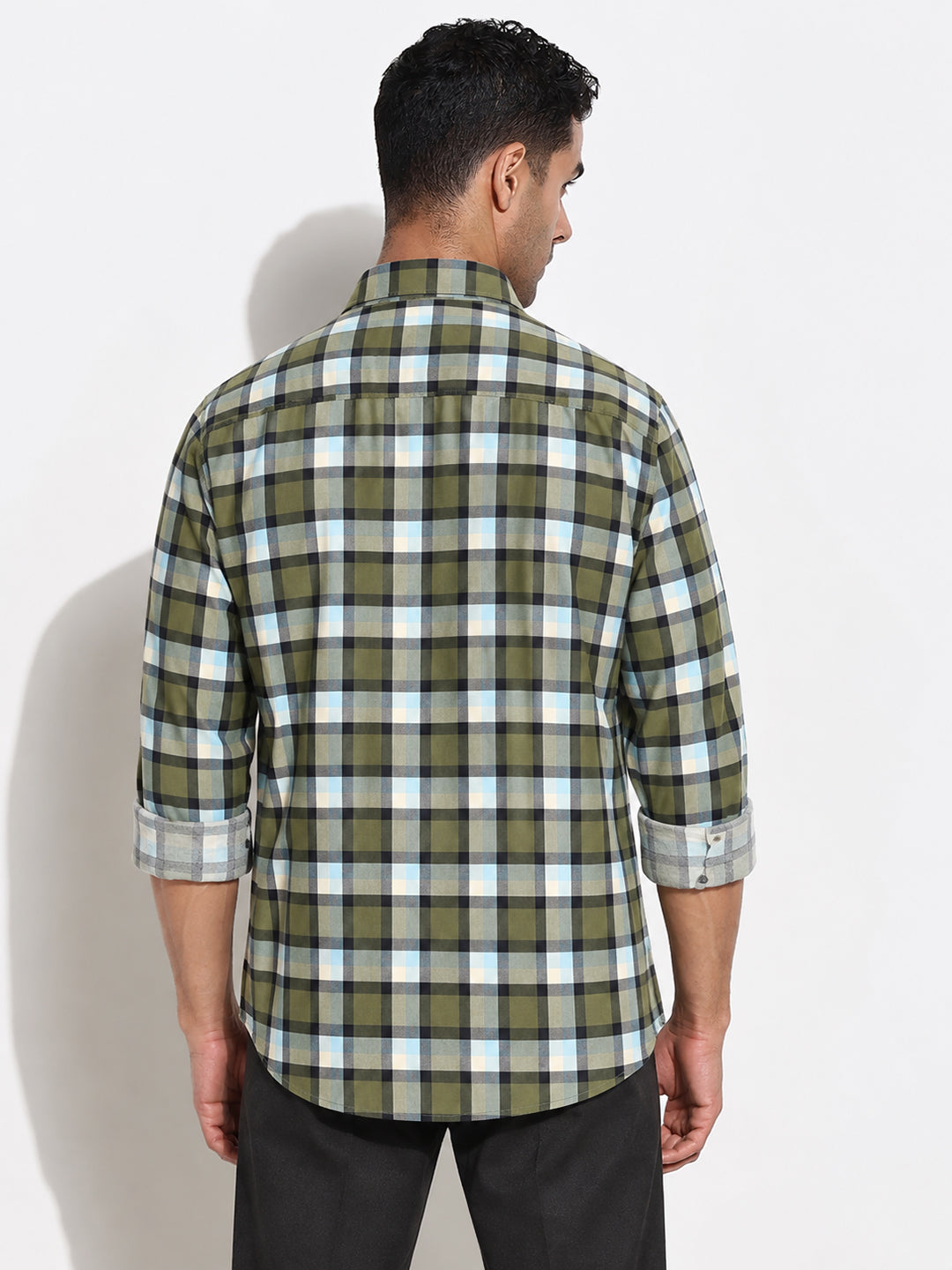 Men’s Checked Olive Slim Fit Spread Collar Long Sleeves Casual Shirt