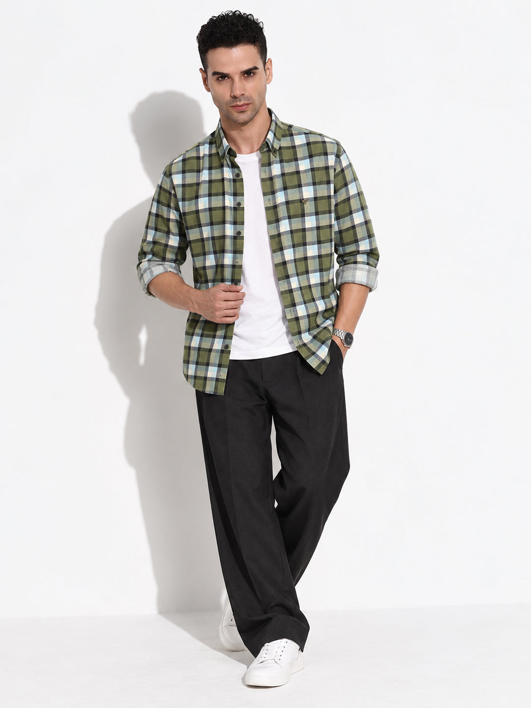 Men’s Checked Olive Slim Fit Spread Collar Long Sleeves Casual Shirt