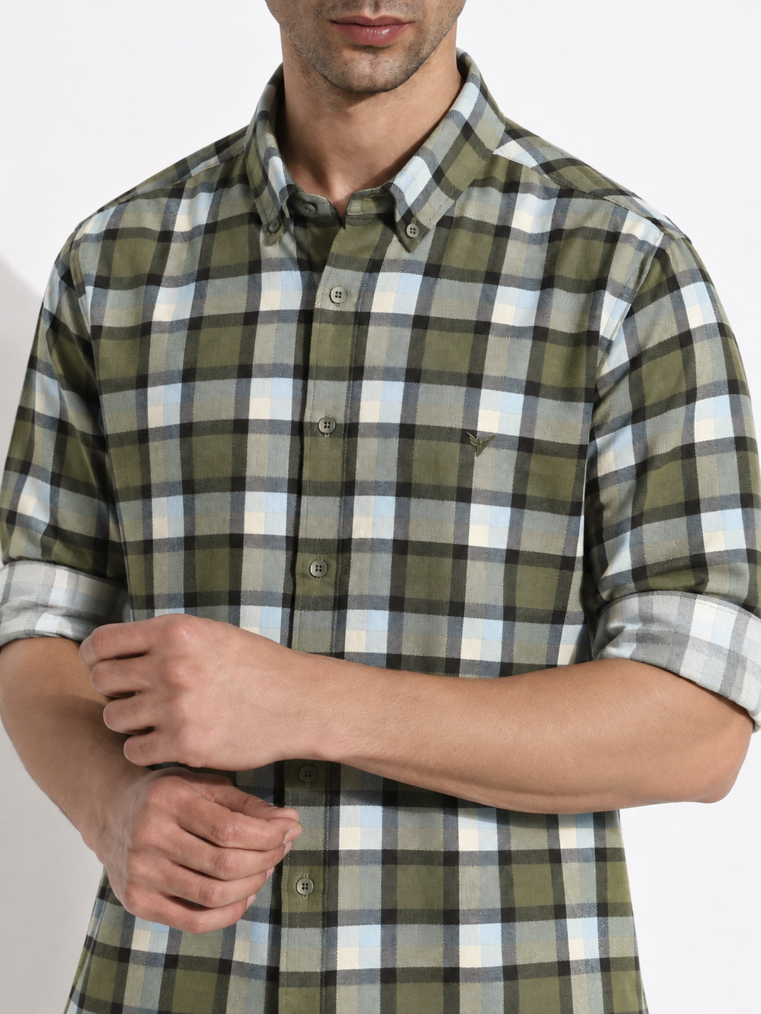 Men’s Checked Olive Slim Fit Spread Collar Long Sleeves Casual Shirt