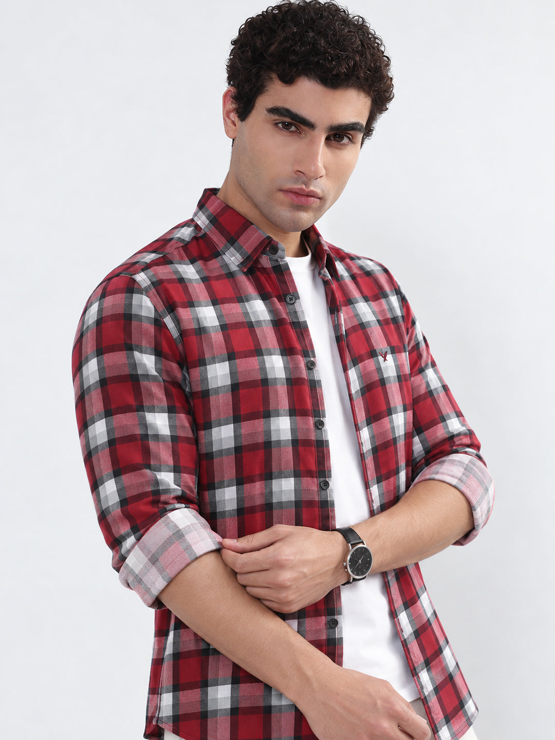 Men’s Checked Maroon Slim Fit Spread Collar Long Sleeves Shirt