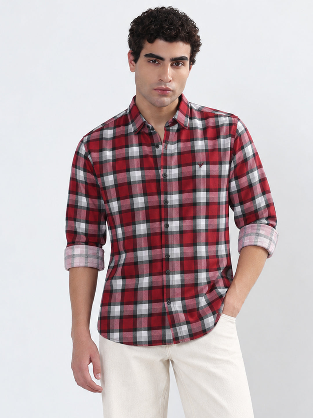 Men’s Checked Maroon Slim Fit Spread Collar Long Sleeves Shirt