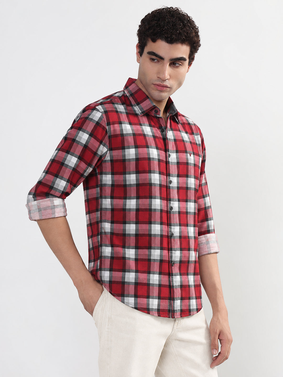 Men’s Checked Maroon Slim Fit Spread Collar Long Sleeves Shirt