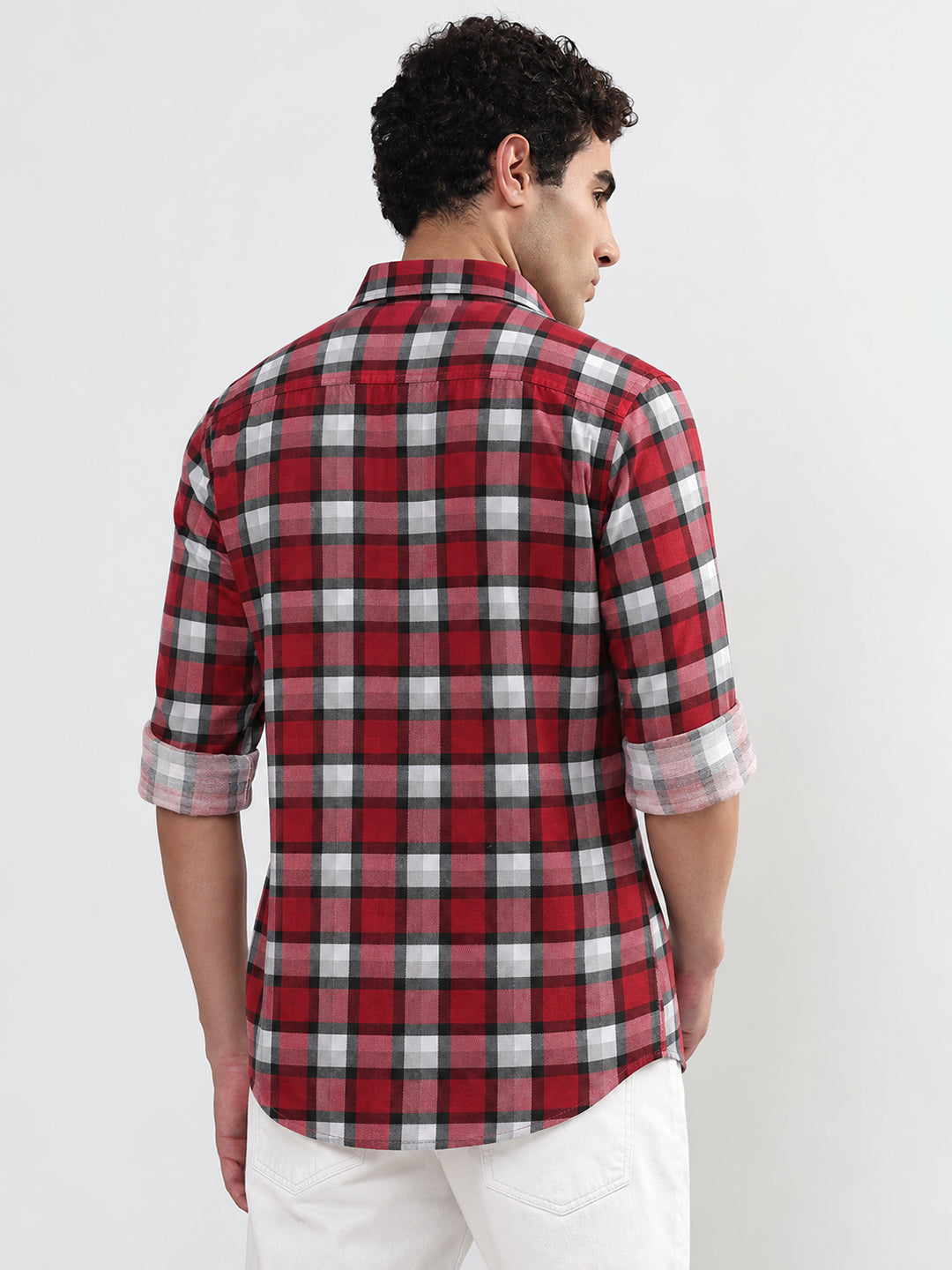 Men’s Checked Maroon Slim Fit Spread Collar Long Sleeves Shirt