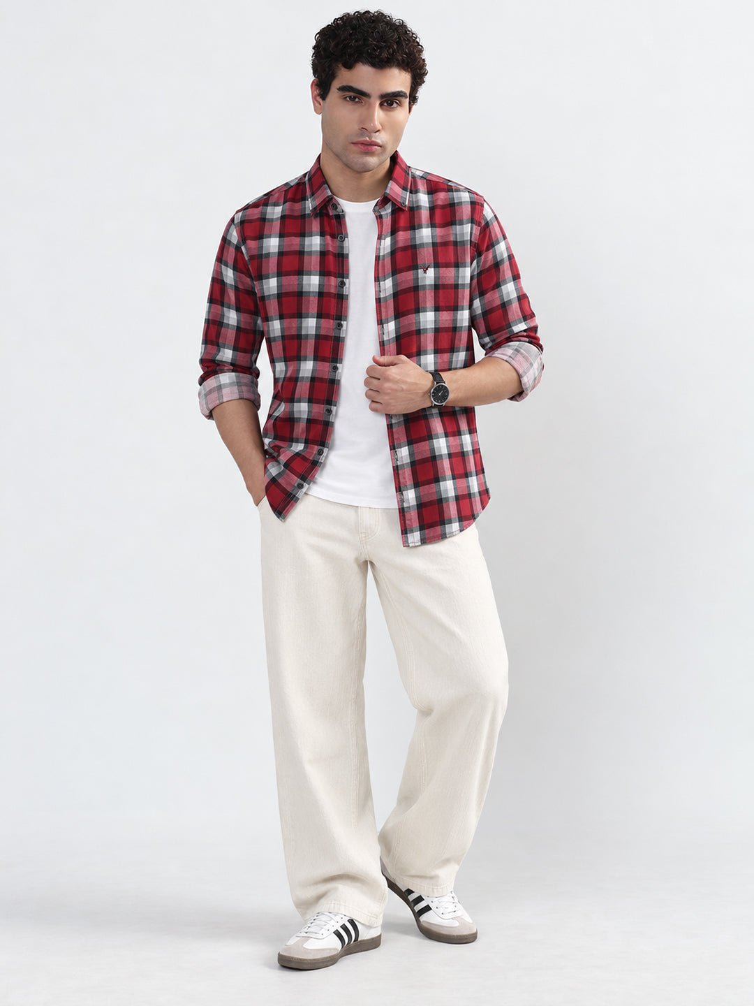 Men’s Checked Maroon Slim Fit Spread Collar Long Sleeves Shirt