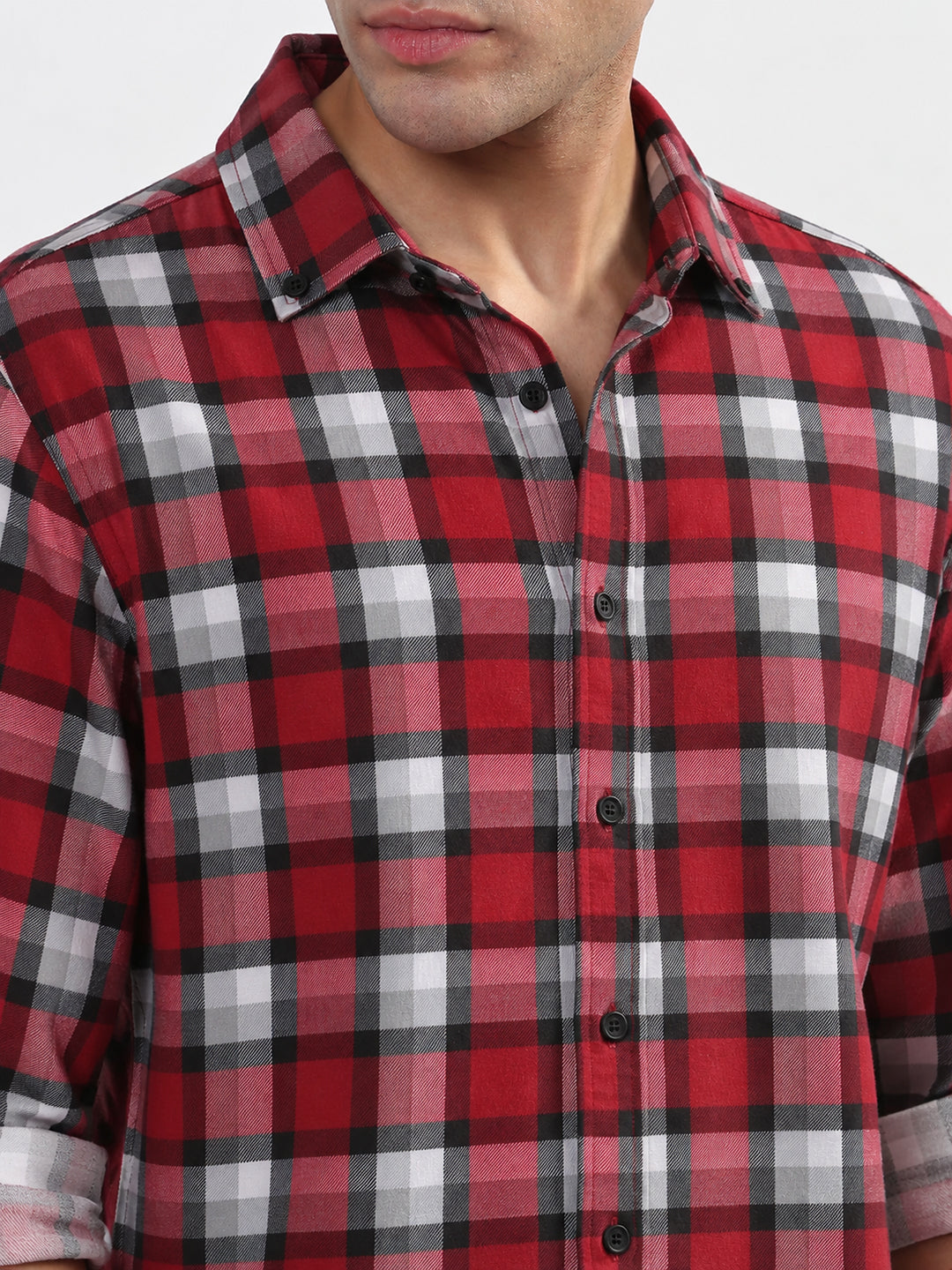 Men’s Checked Maroon Slim Fit Spread Collar Long Sleeves Shirt