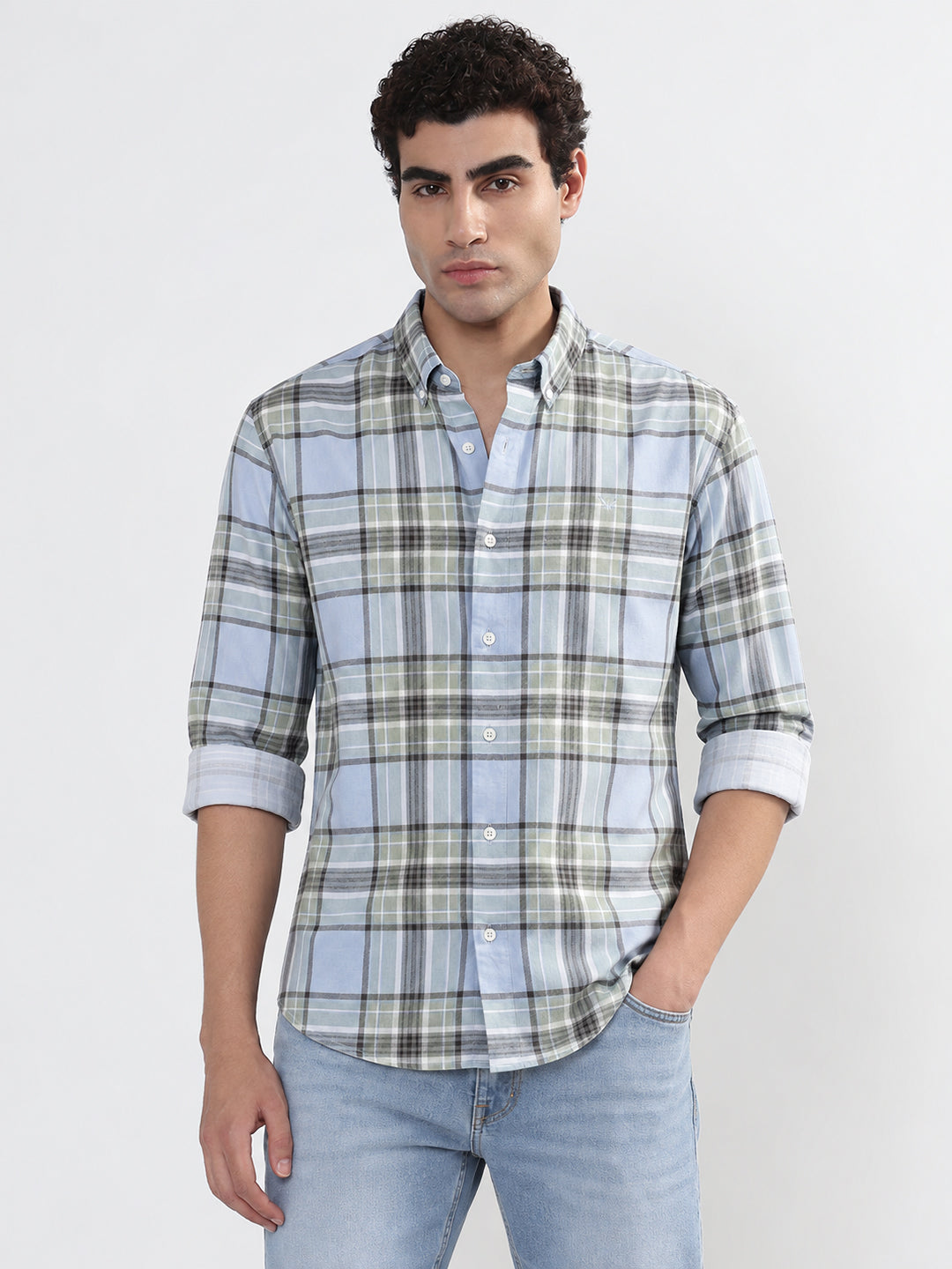 Men’s Checked Blue Spread Collar Long Sleeves Casual Shirt