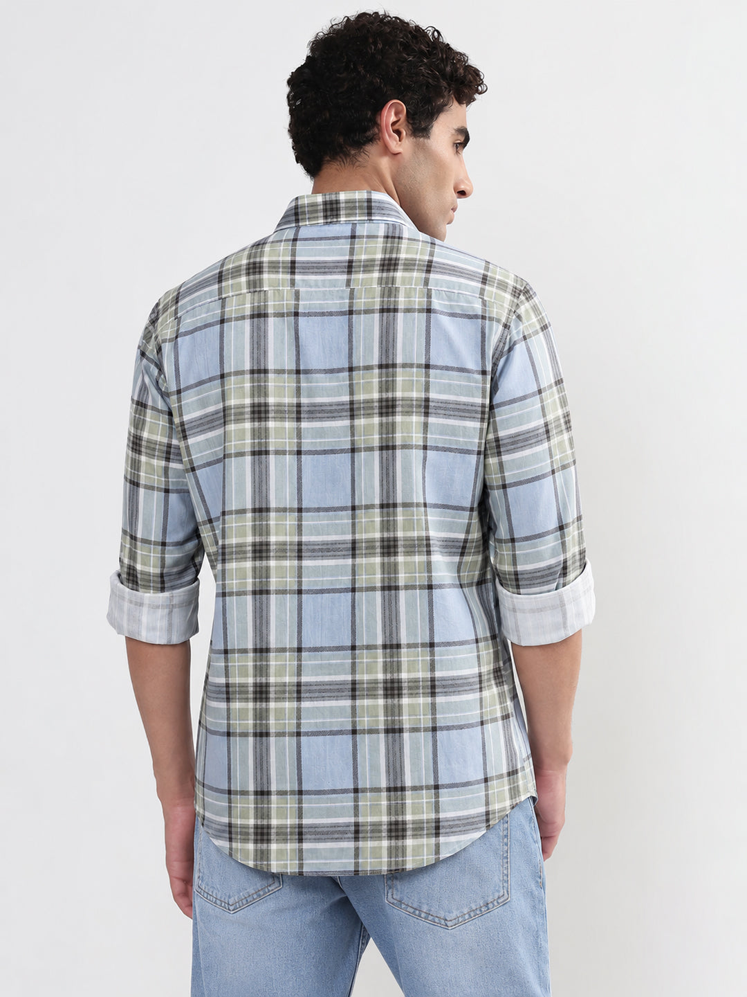 Men’s Checked Blue Spread Collar Long Sleeves Casual Shirt