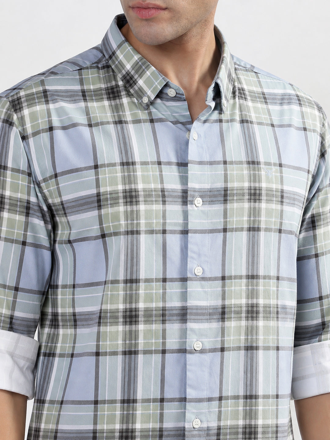 Men’s Checked Blue Spread Collar Long Sleeves Casual Shirt