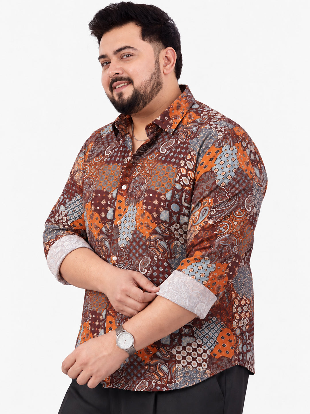 Men’s Ethnic Motifs Brown Slim Fit Long Sleeves Shirt