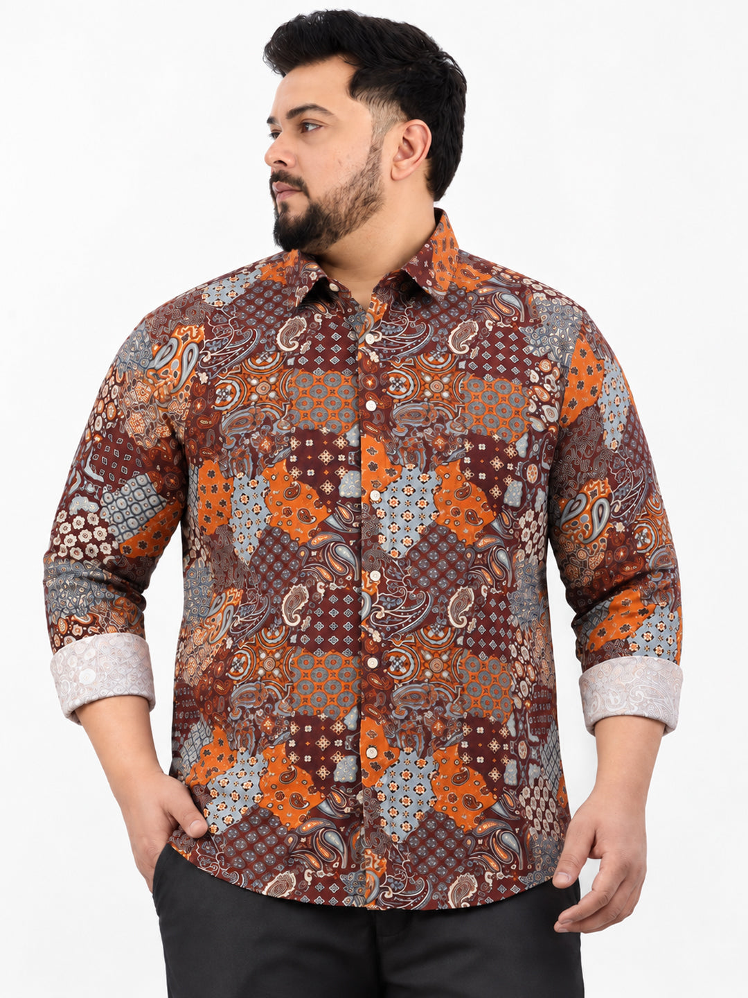 Men’s Ethnic Motifs Brown Slim Fit Long Sleeves Shirt