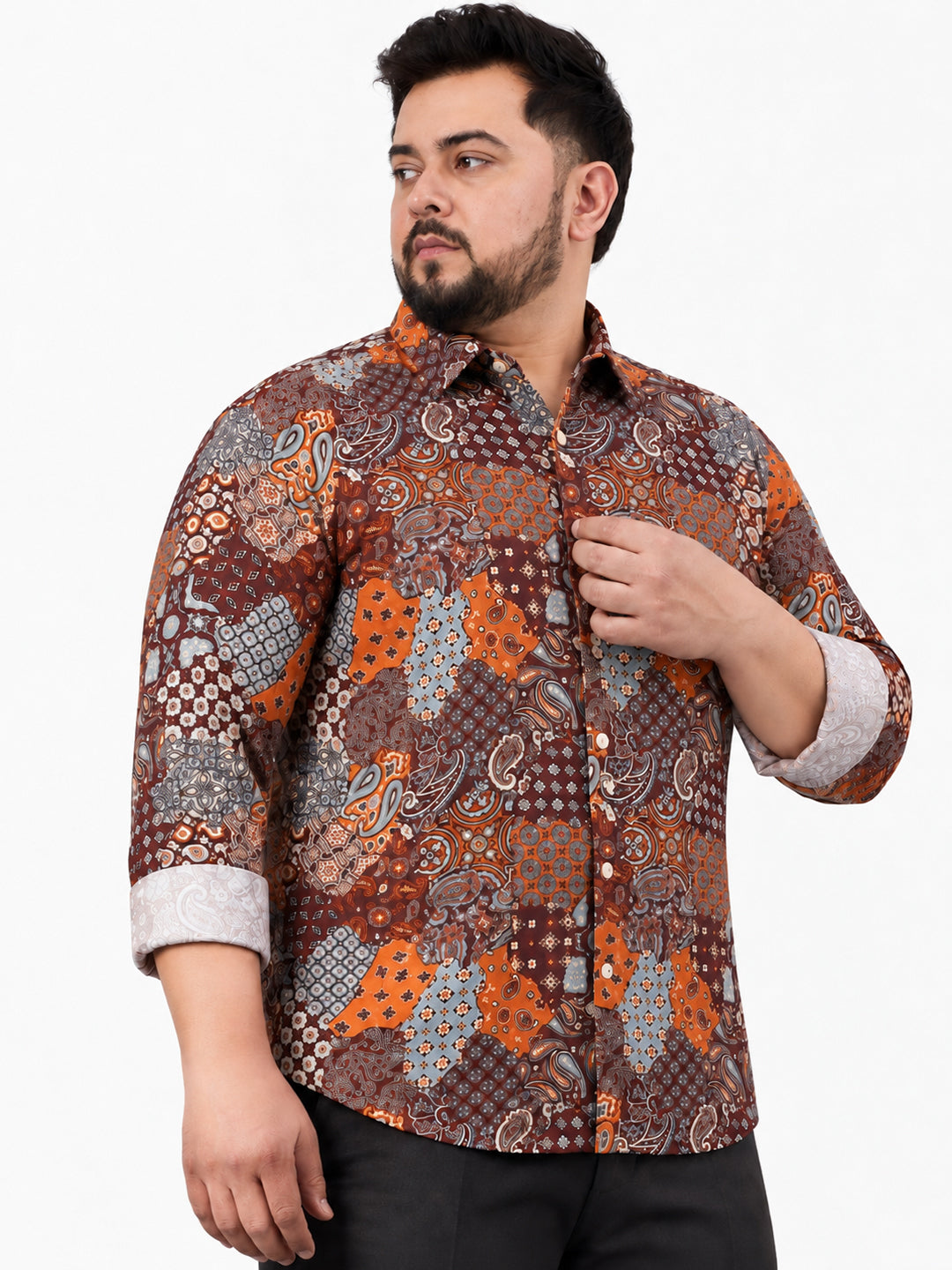 Men’s Ethnic Motifs Brown Slim Fit Long Sleeves Shirt