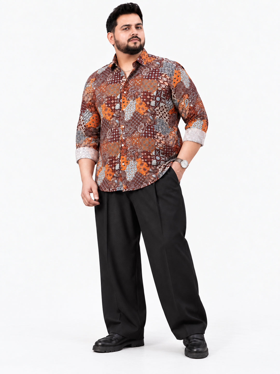 Men’s Ethnic Motifs Brown Slim Fit Long Sleeves Shirt
