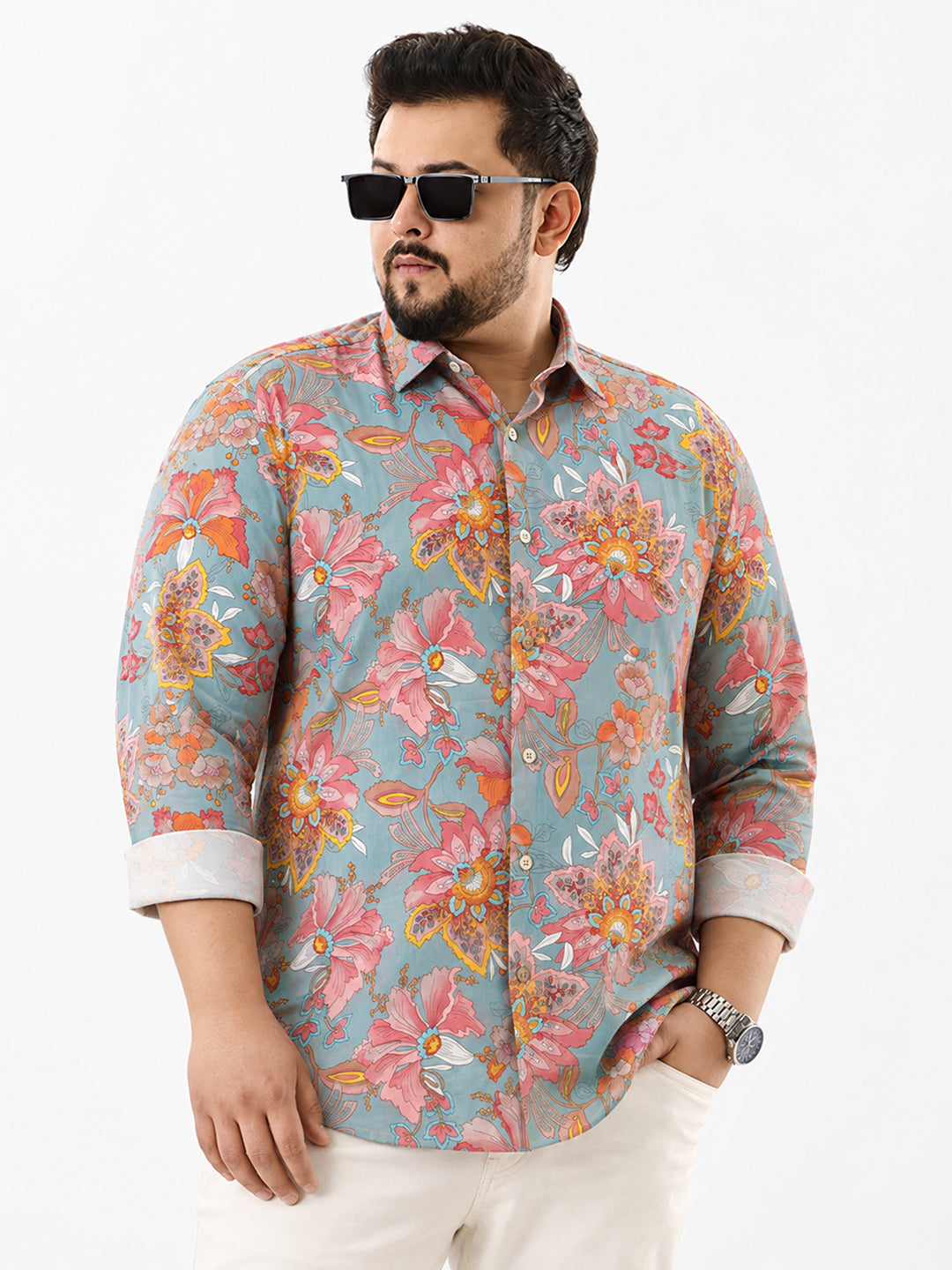 Men’s Floral Print Green Slim Fit Long Sleeves Shirt