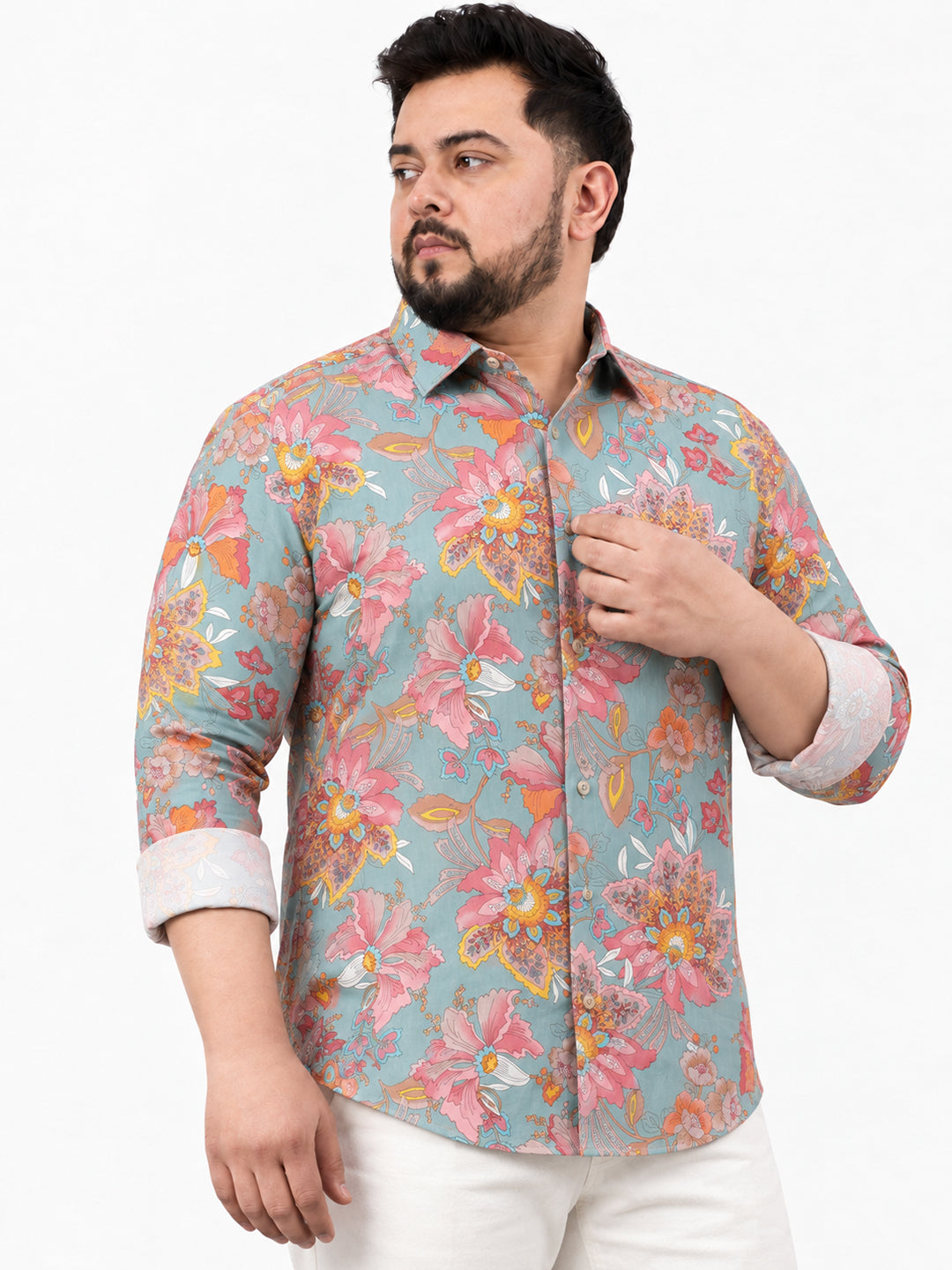 Men’s Floral Print Green Slim Fit Long Sleeves Shirt