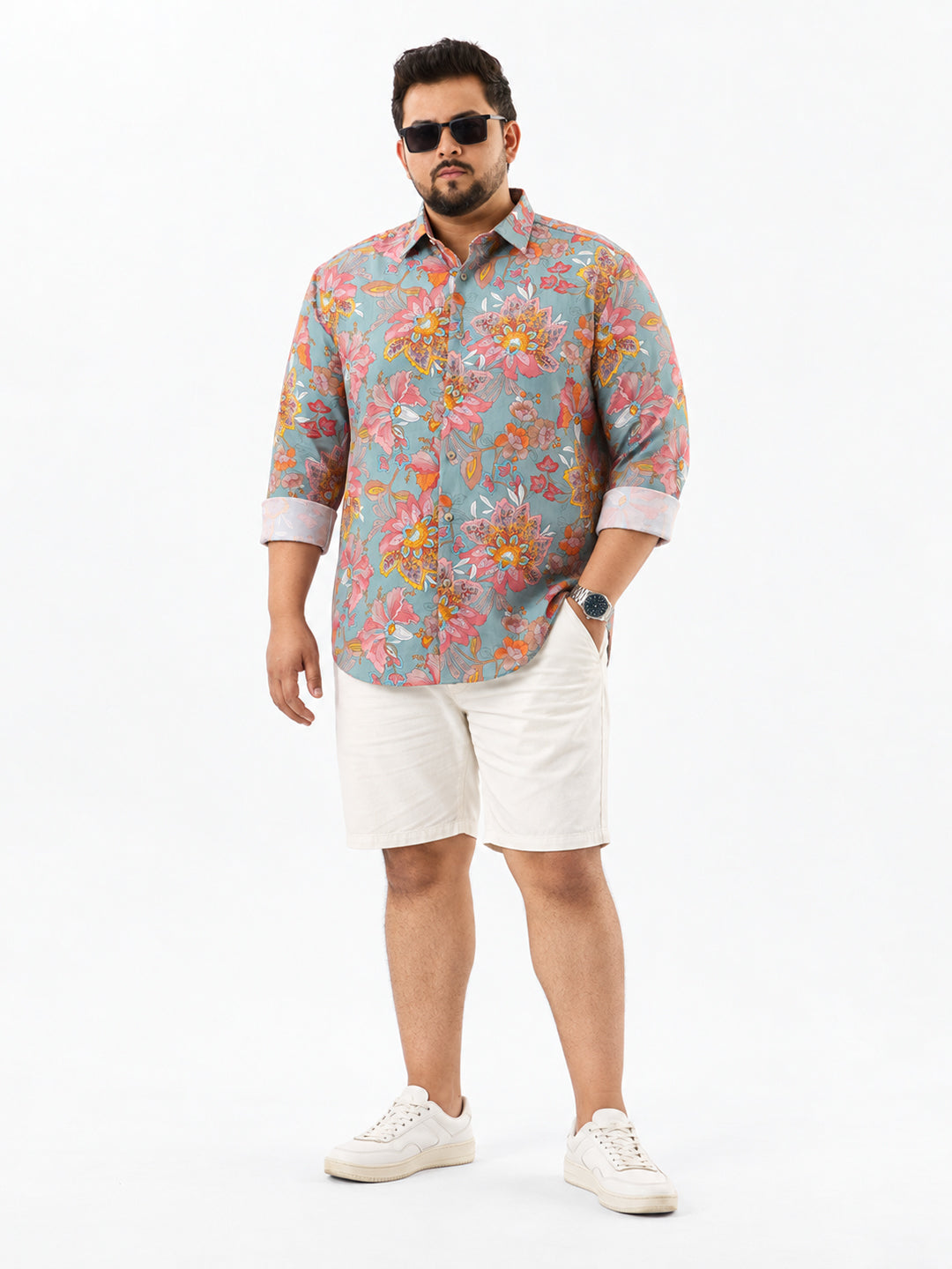 Men’s Floral Print Green Slim Fit Long Sleeves Shirt