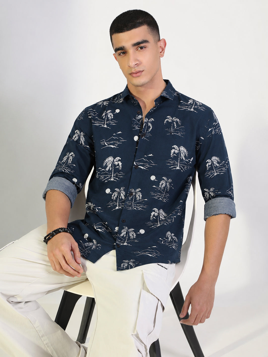 Men’s Tropical Printed Navy Blue Slim Fit Long Sleeves Shirt with Spread Collar