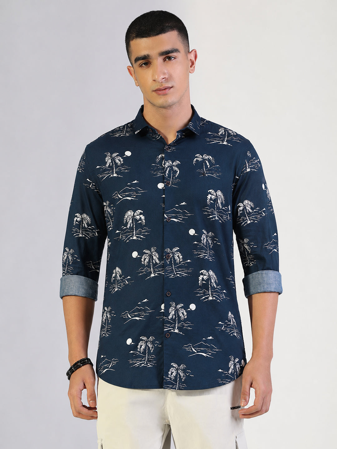 Men’s Tropical Printed Navy Blue Slim Fit Long Sleeves Shirt with Spread Collar